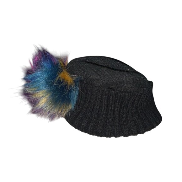 Black Knit Beanie With Multicolor Faux Fur Pom & Heart Accent One Size Womens - Picture 7 of 7